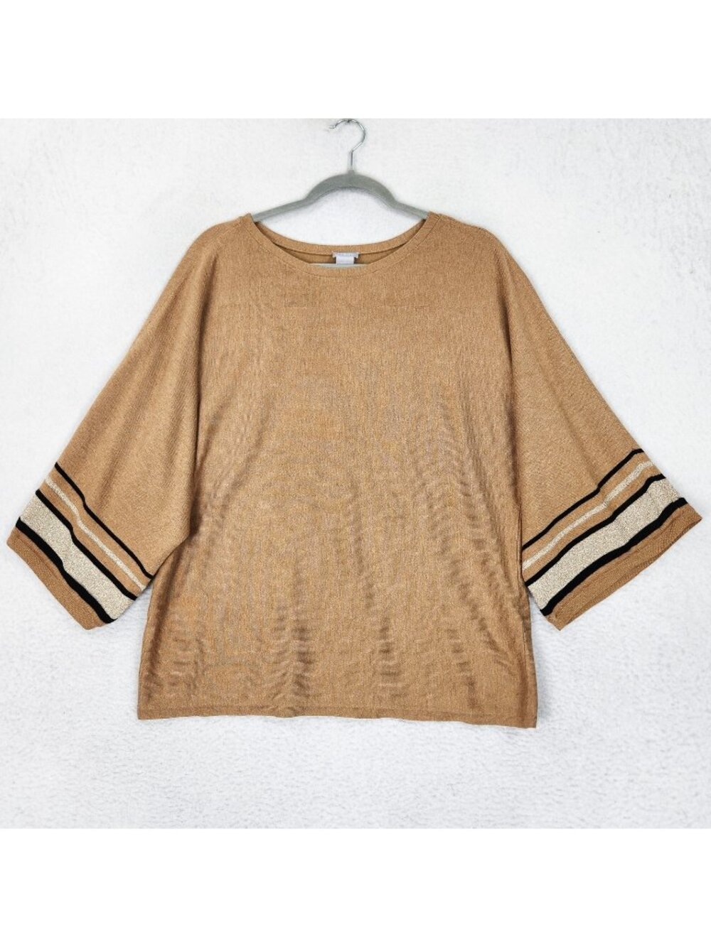 Chicos Sweater Womens Medium Brown Stripe Dolman 3/4 Sleeve Knit Pullover